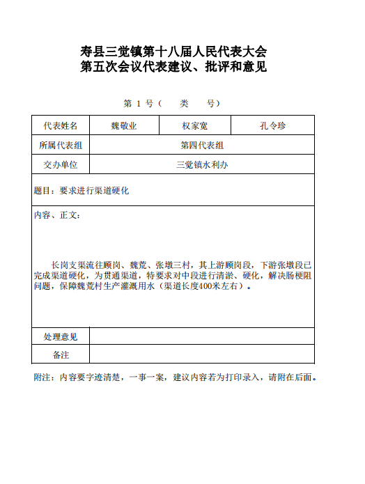 寿县三觉镇第十八届人民代表大会第五次会议代表建议,批评和意见