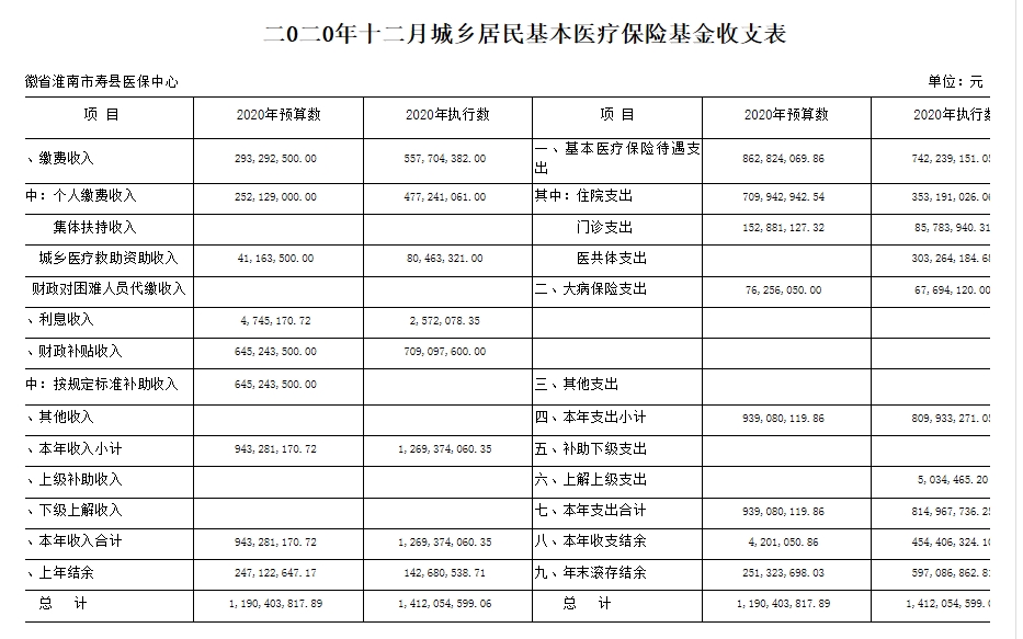 2020年12月城乡居民基本医疗保险基金收支表